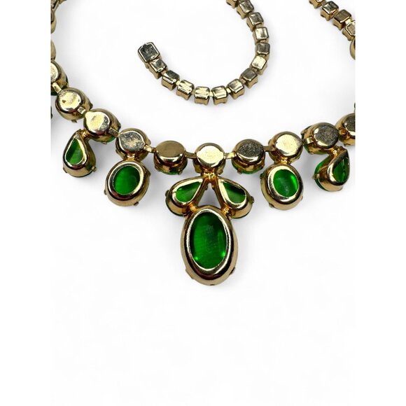 Vintage Green Jelly Glass Cab Necklace Rhinestones UV Glow Uranium Glass 40s 50s - Picture 6 of 7